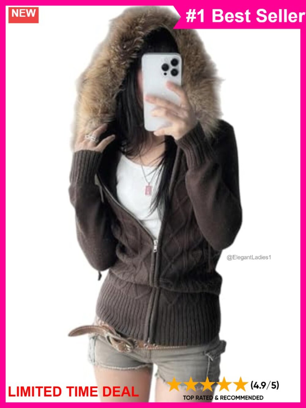 Faux Fur Trim Cable Knit Zip Up Hoodie Sweatshirt Jacket